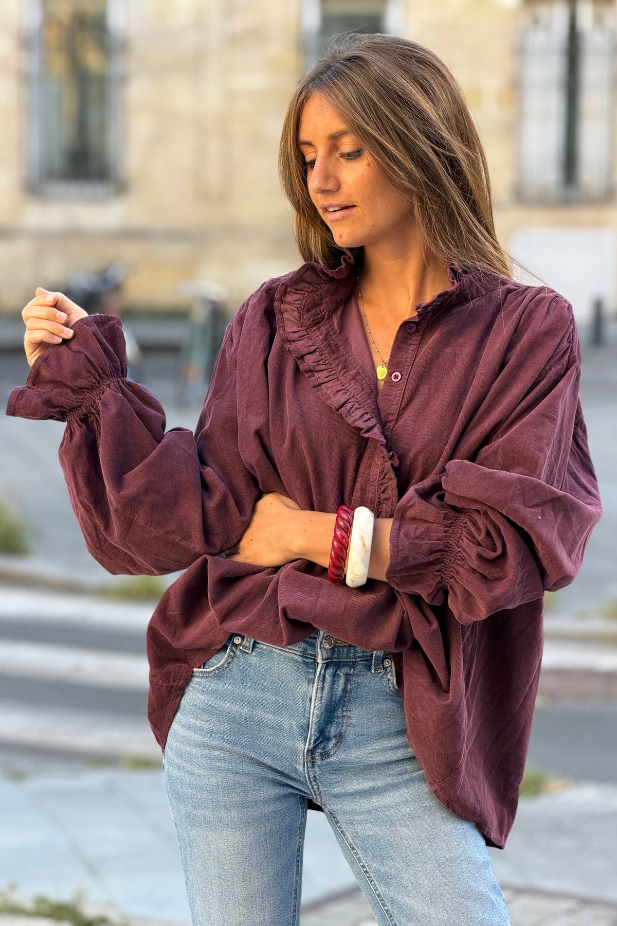 Aubergine Corduroy Ruffle Neck Peasant Blouse