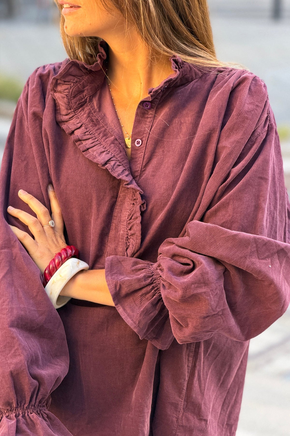 Aubergine Corduroy Ruffle Neck Peasant Blouse