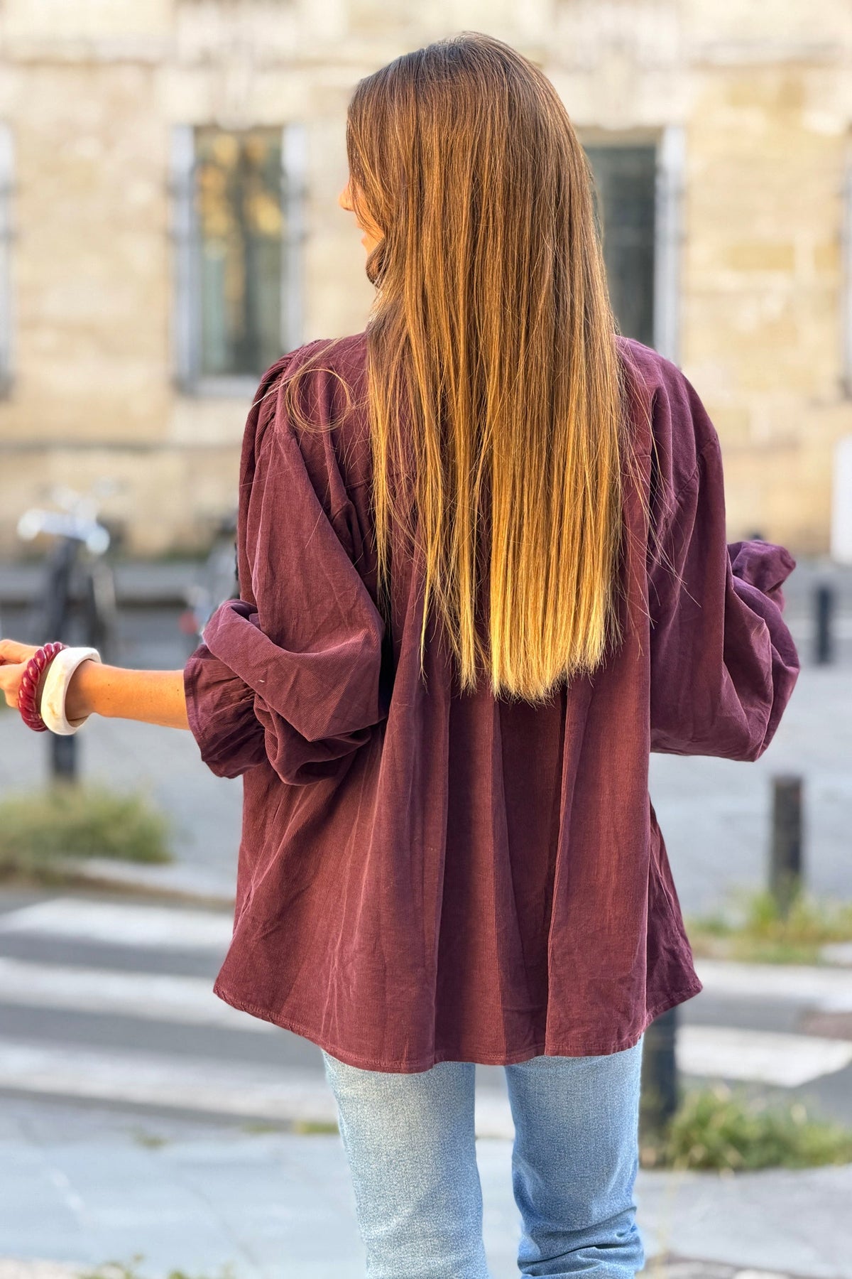 Aubergine Corduroy Ruffle Neck Peasant Blouse