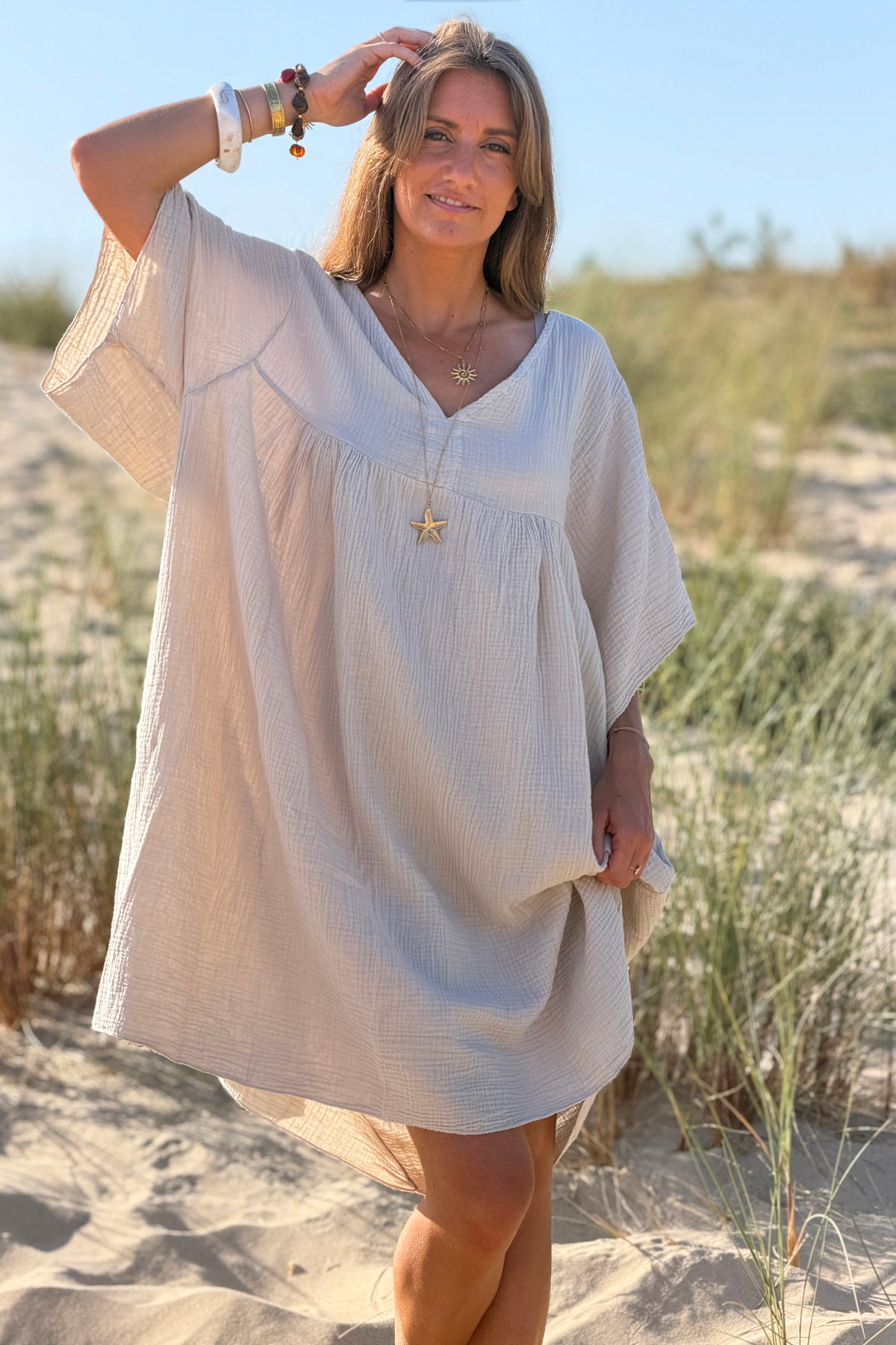 Beige Crinkle Gauze Beach Dress
