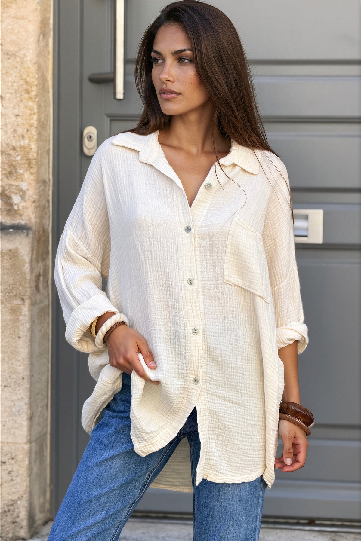 Beige Crinkle Gauze Button-Down Beach Shirt