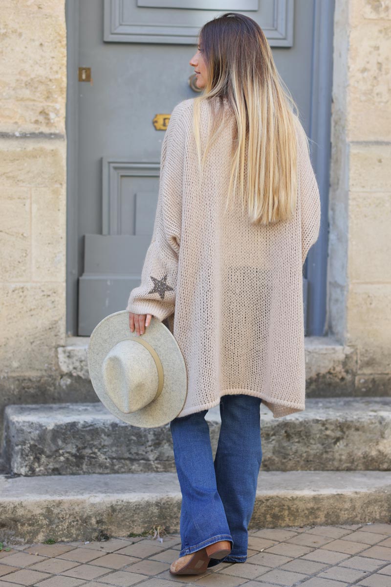 Beige Drop-Sleeve Knit Duster with Star Studded Cuffs