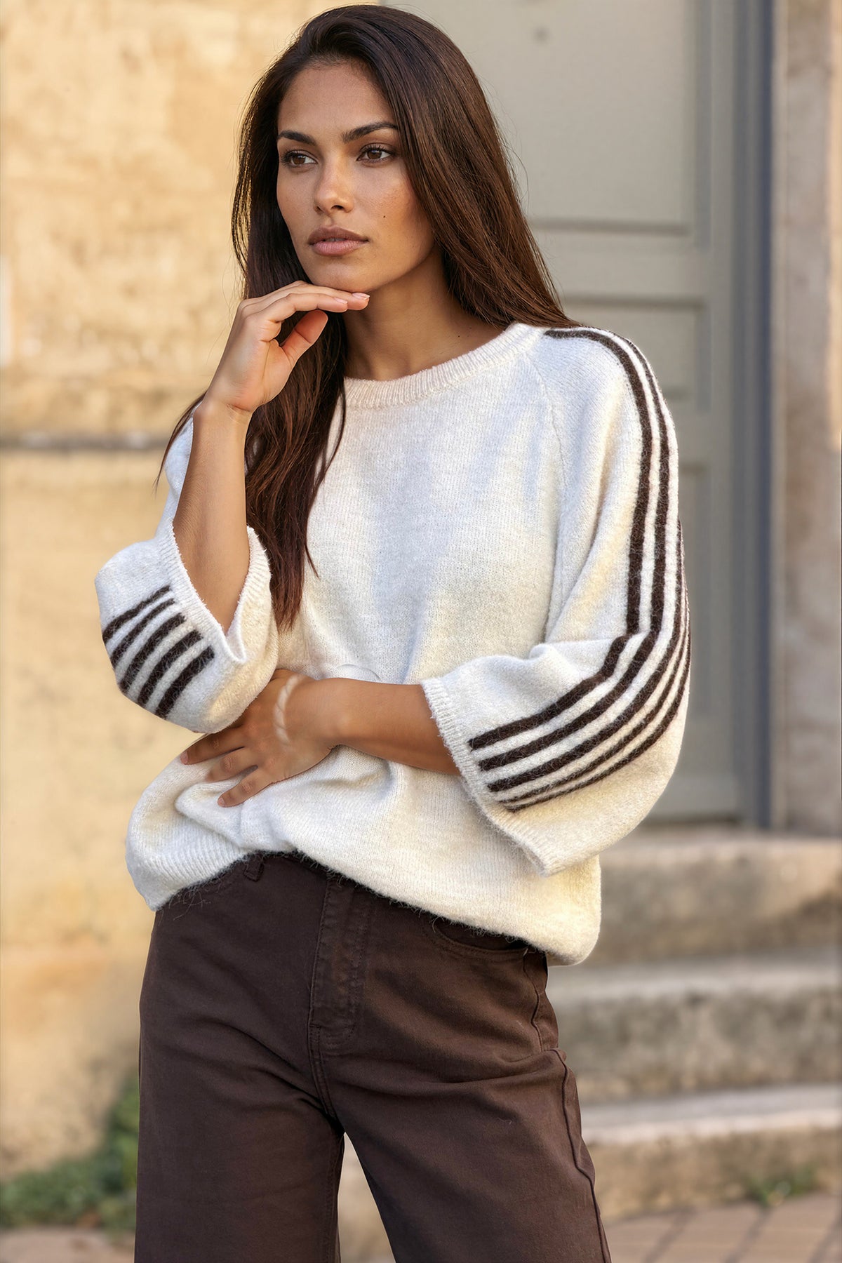 Beige Fuzzy Knit Racing Stripe Sweater
