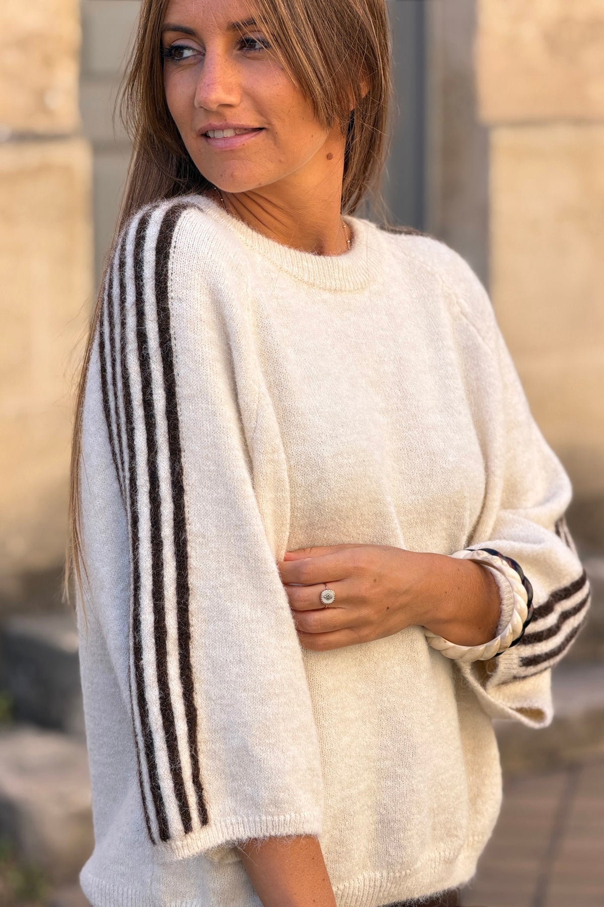 Beige Fuzzy Knit Racing Stripe Sweater