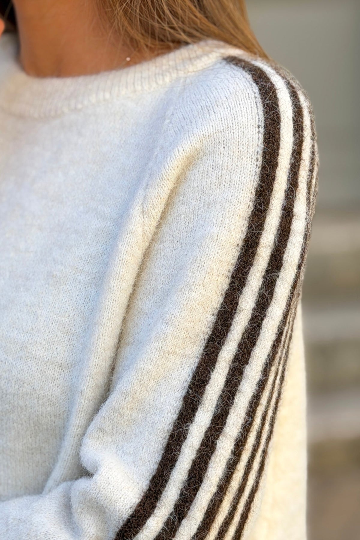 Beige Fuzzy Knit Racing Stripe Sweater