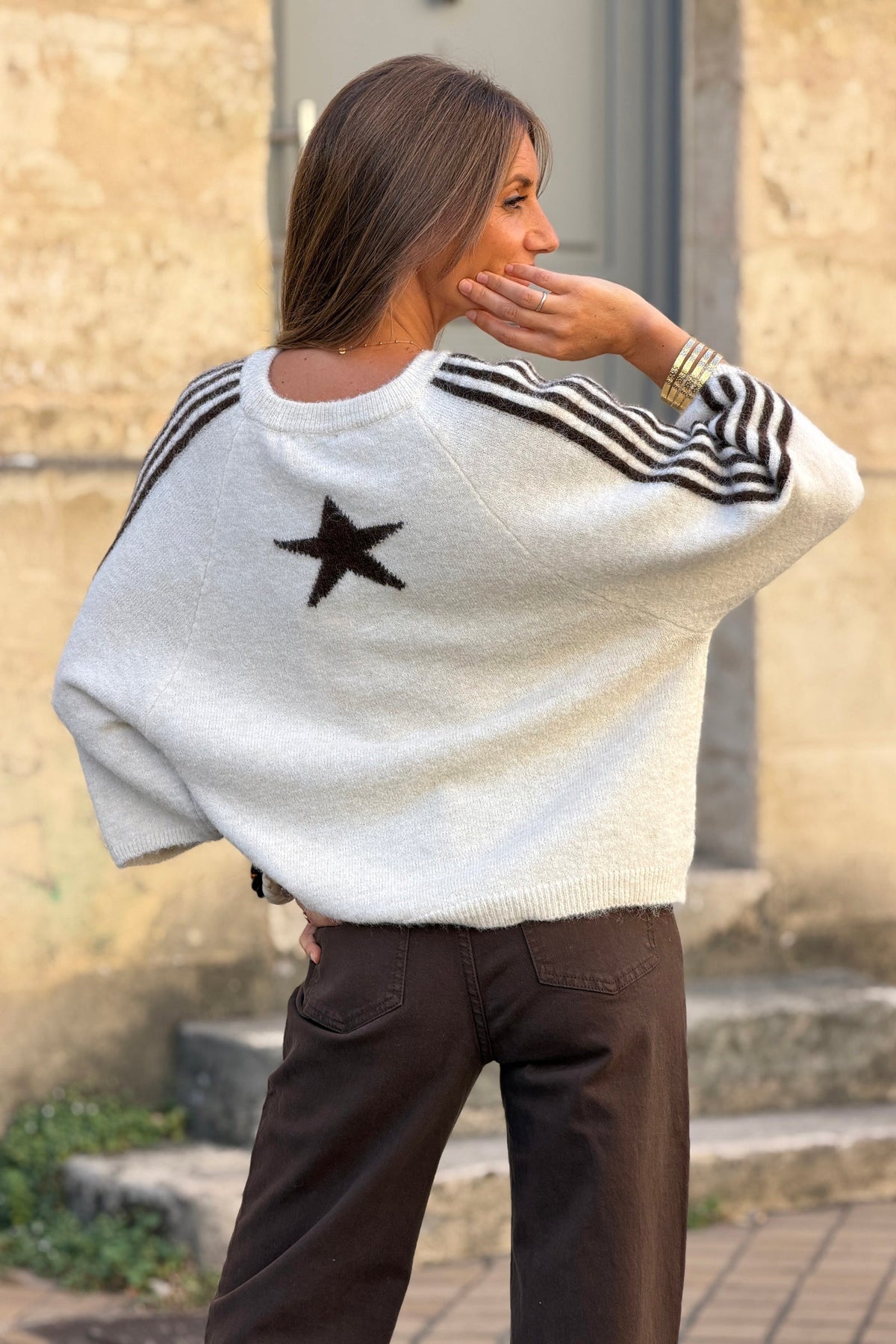 Beige Fuzzy Knit Racing Stripe Sweater
