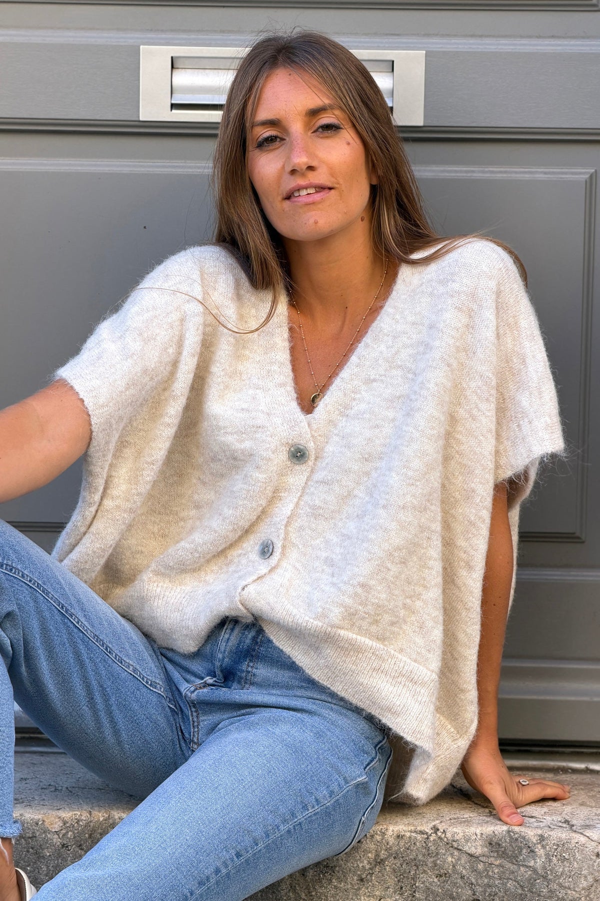 Beige Fuzzy Knit Slouchy Sweater Vest