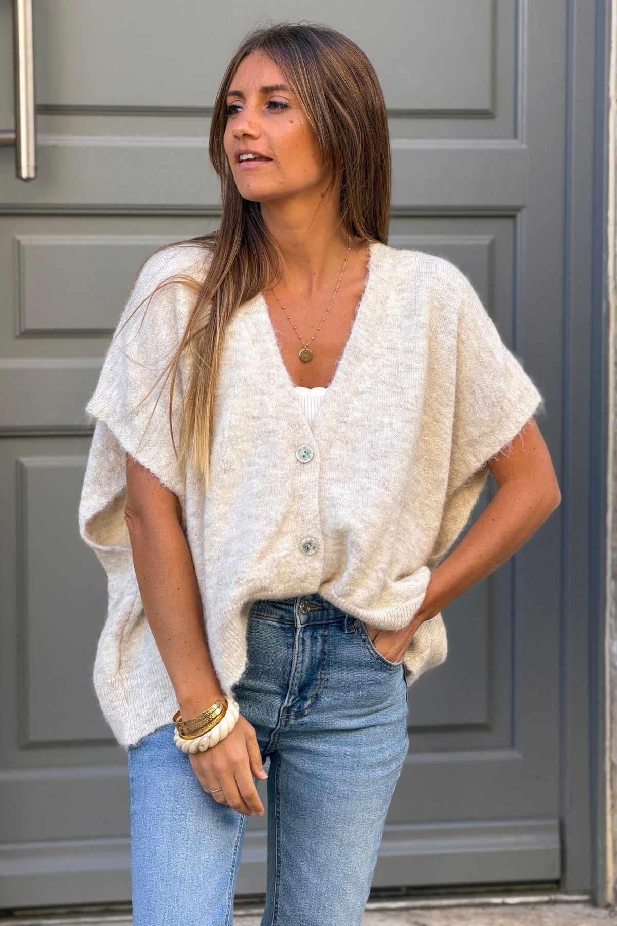 Beige Fuzzy Knit Slouchy Sweater Vest
