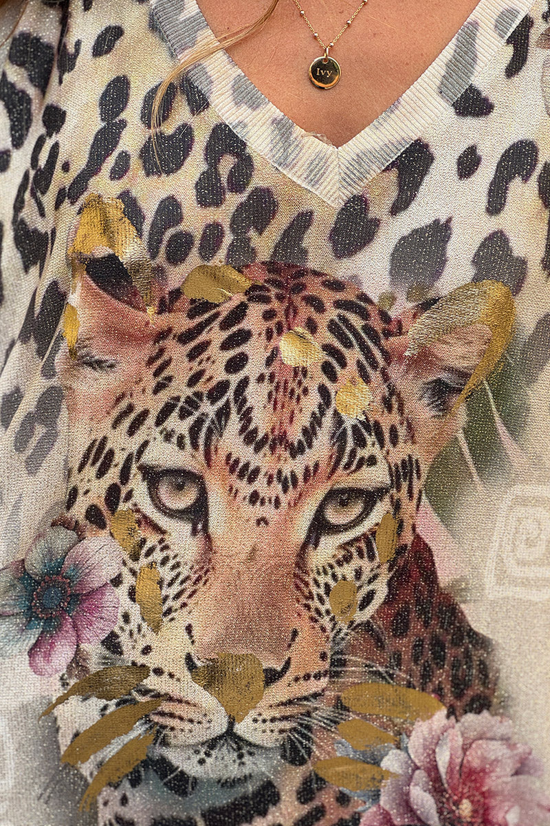 Beige Glitter Knit Leopard Gaze Top