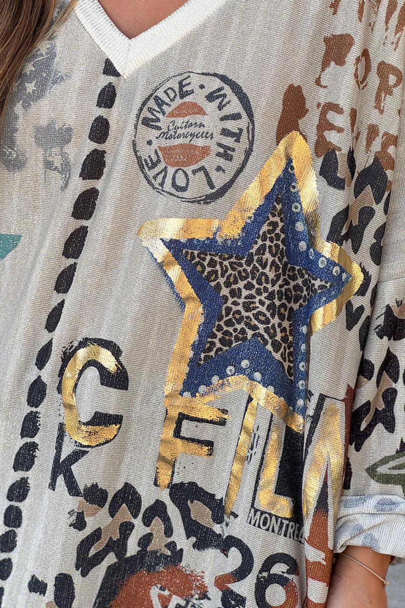 Beige Gold Stars and Leopard Motif Oversized Top