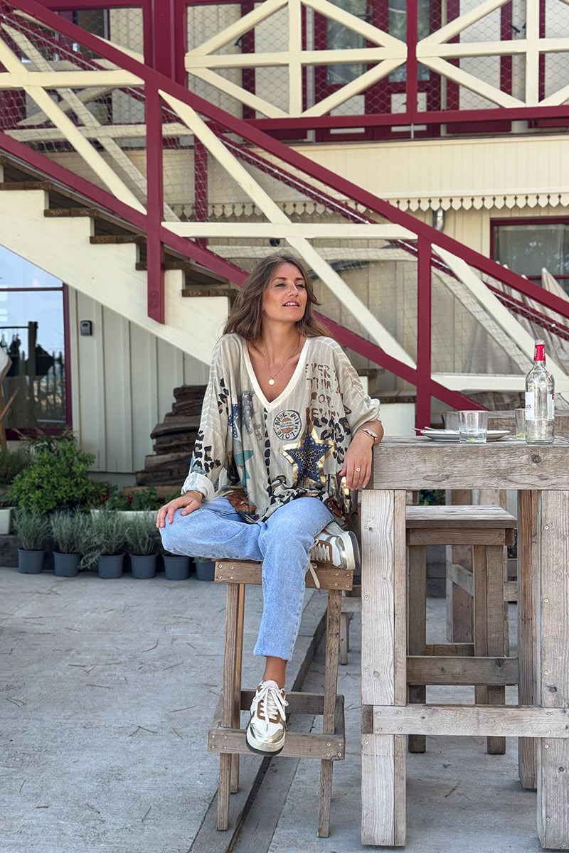 Beige Gold Stars and Leopard Motif Oversized Top