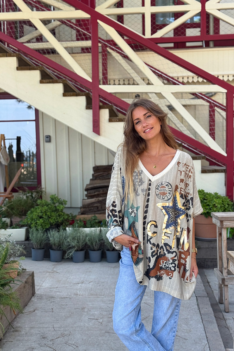 Beige Gold Stars and Leopard Motif Oversized Top