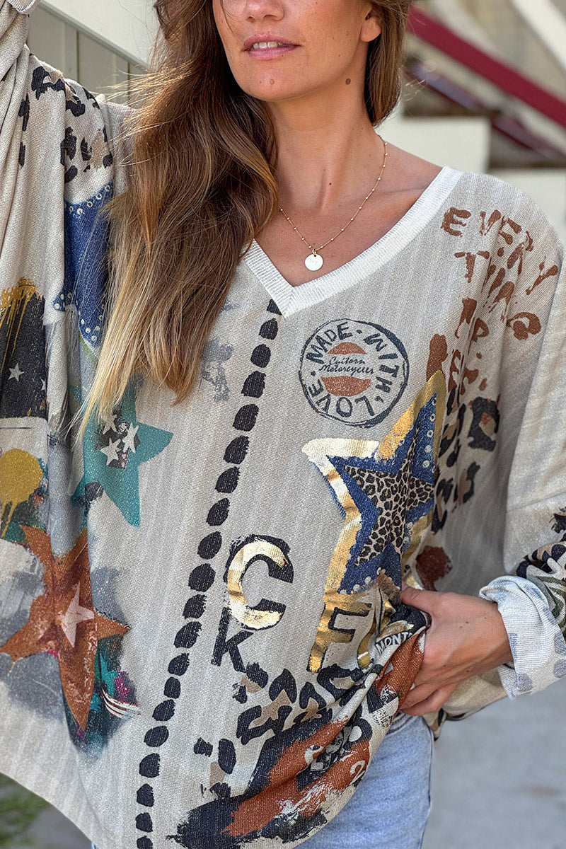 Beige Gold Stars and Leopard Motif Oversized Top
