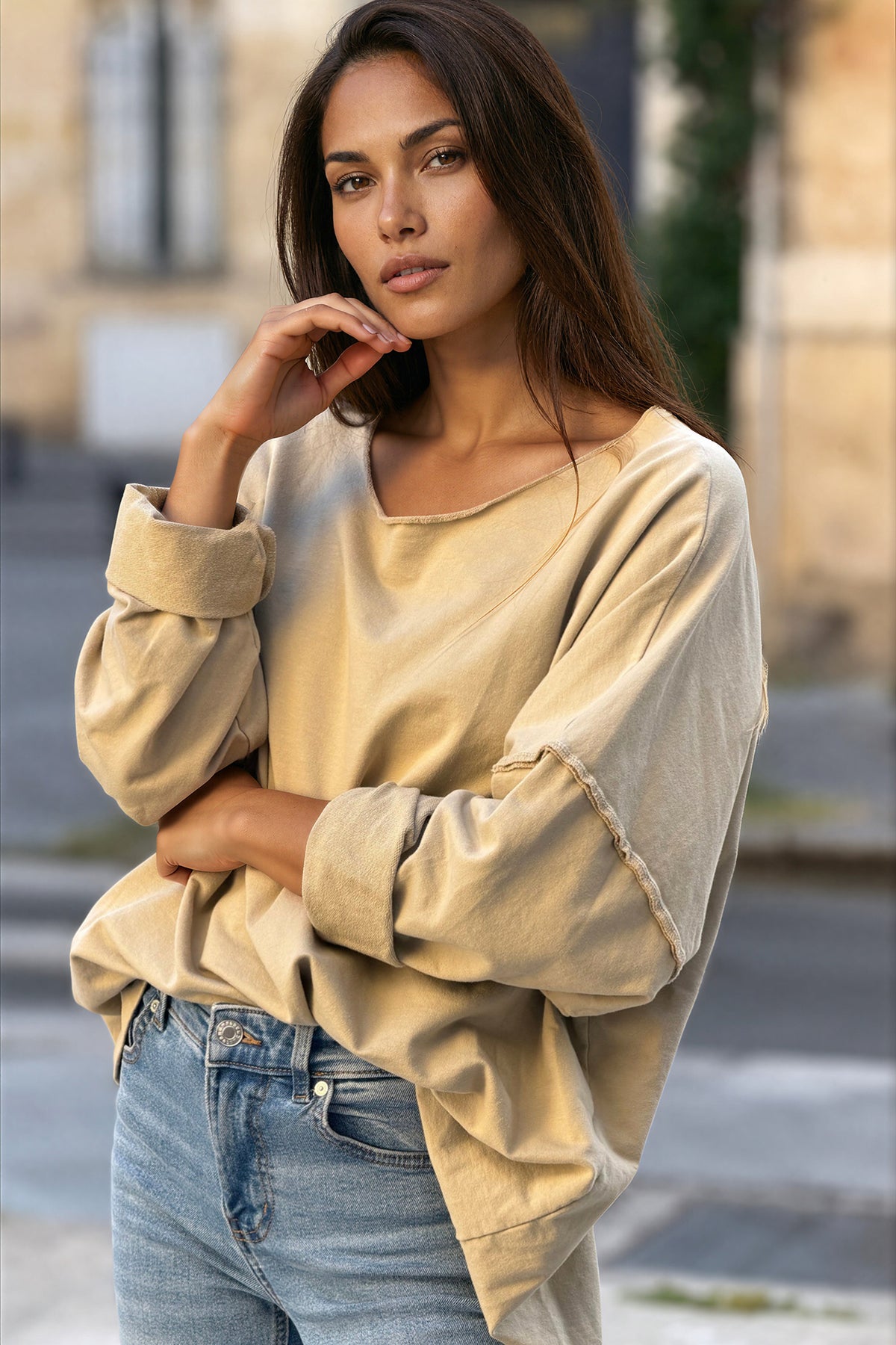 Beige Stretch Knit Long-Sleeve Slouchy Tee