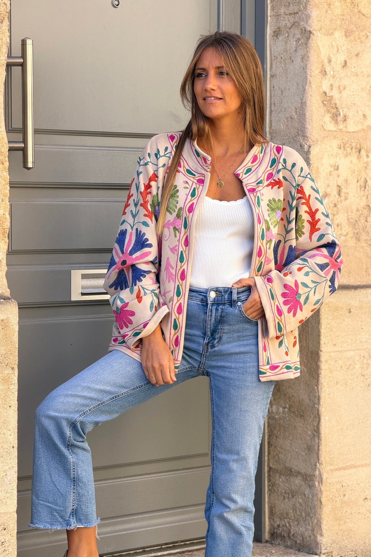 Beige Suedette Boho Print Jacket