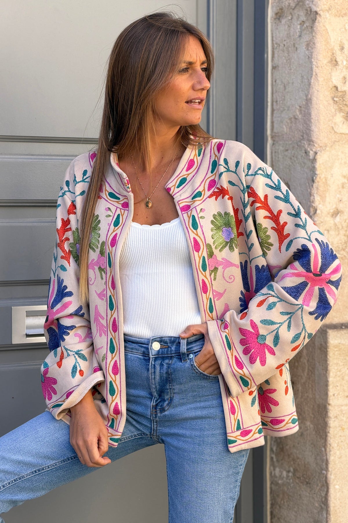 Beige Suedette Boho Print Jacket