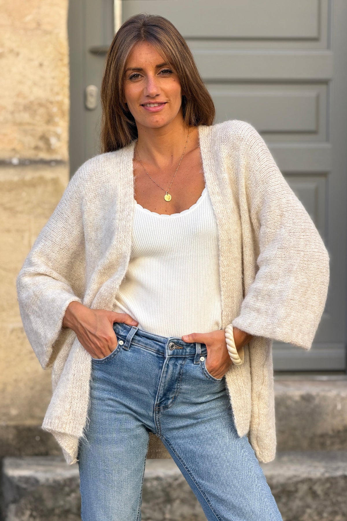 Beige Wool Blend Bell Sleeve Knit Cardigan