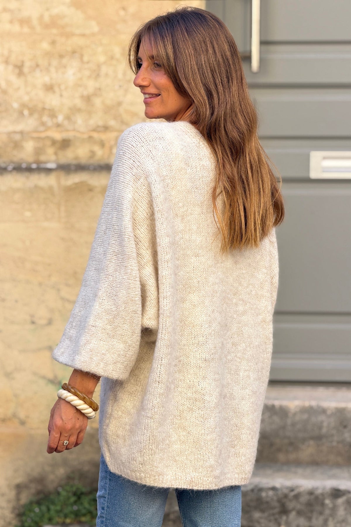 Beige Wool Blend Bell Sleeve Knit Cardigan
