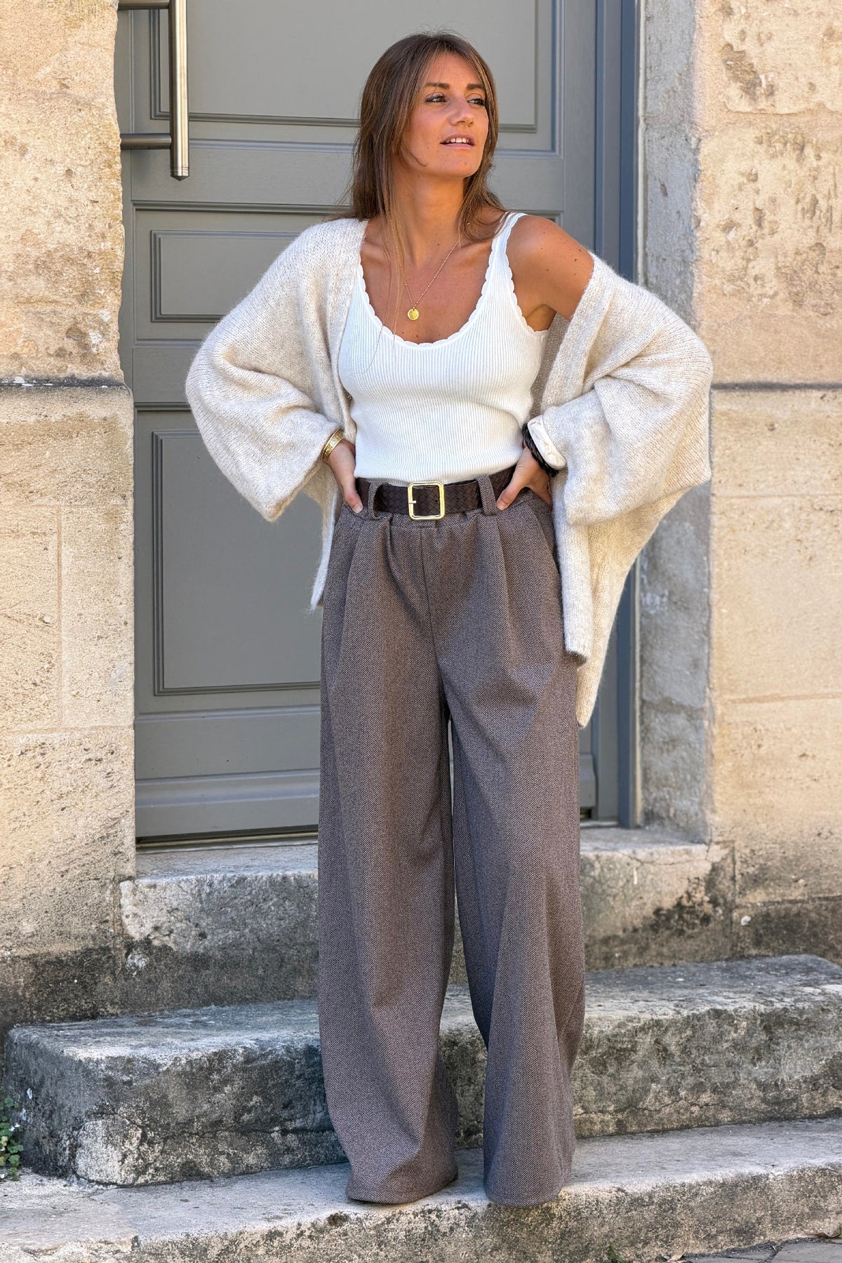 Beige Wool Blend Bell Sleeve Knit Cardigan