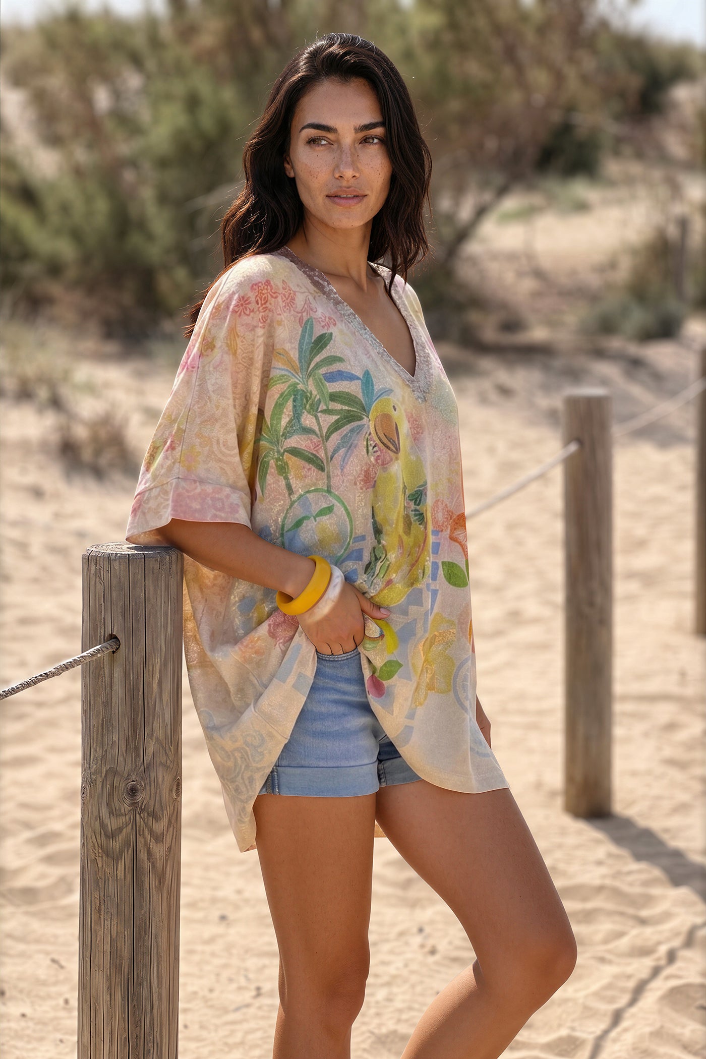 Beige Bird in Paradise Glitter Knit Tunic