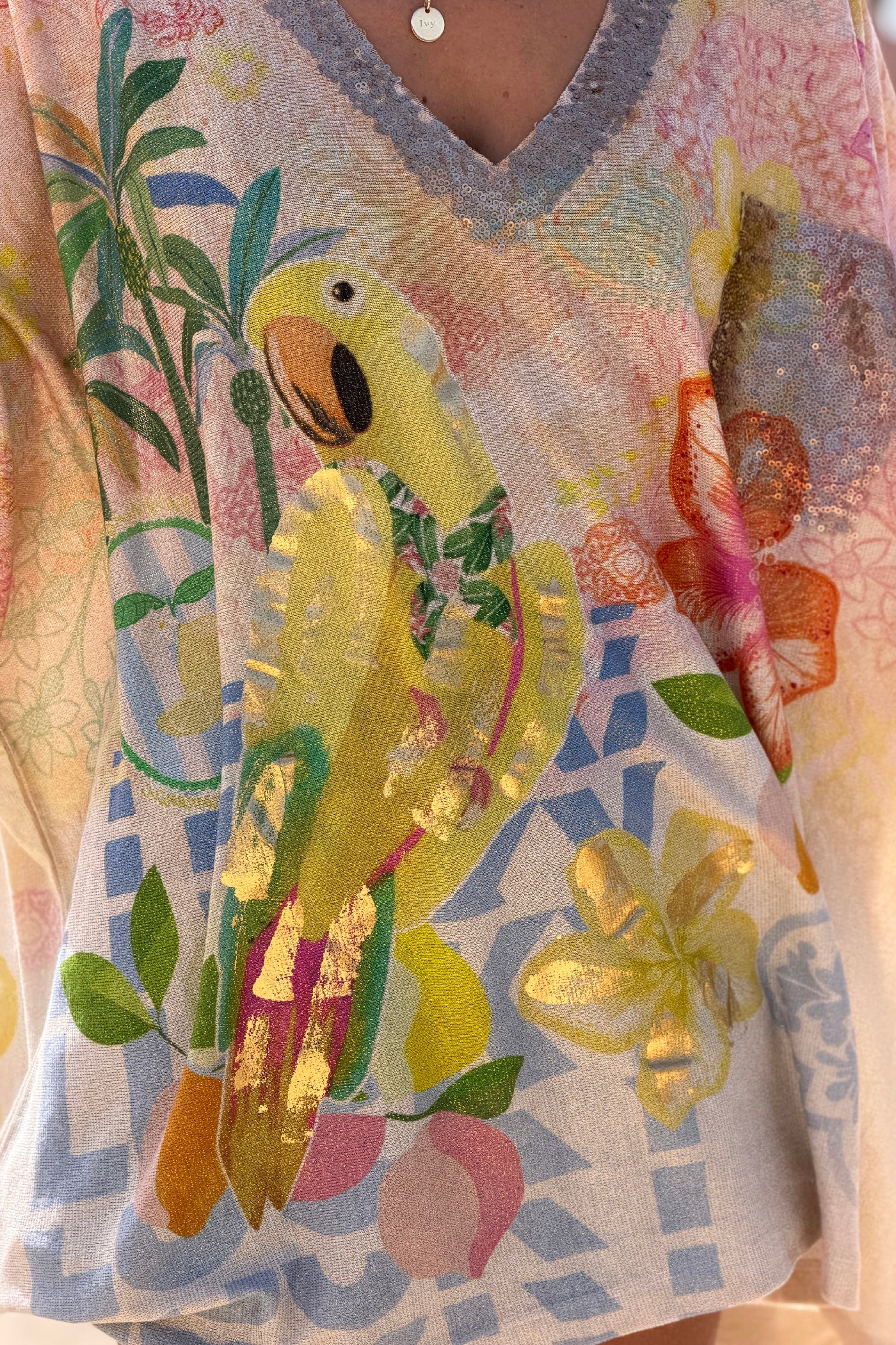 Beige Bird in Paradise Glitter Knit Tunic