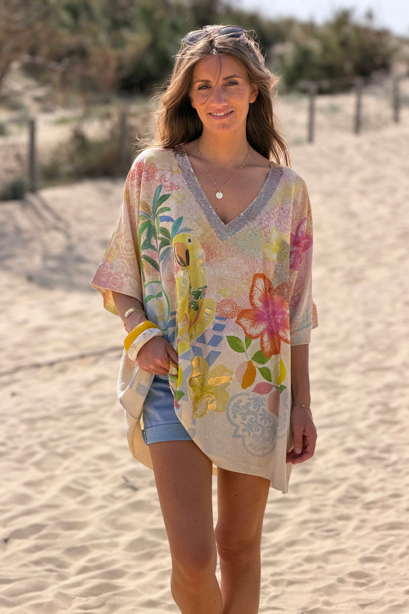 Beige Bird in Paradise Glitter Knit Tunic