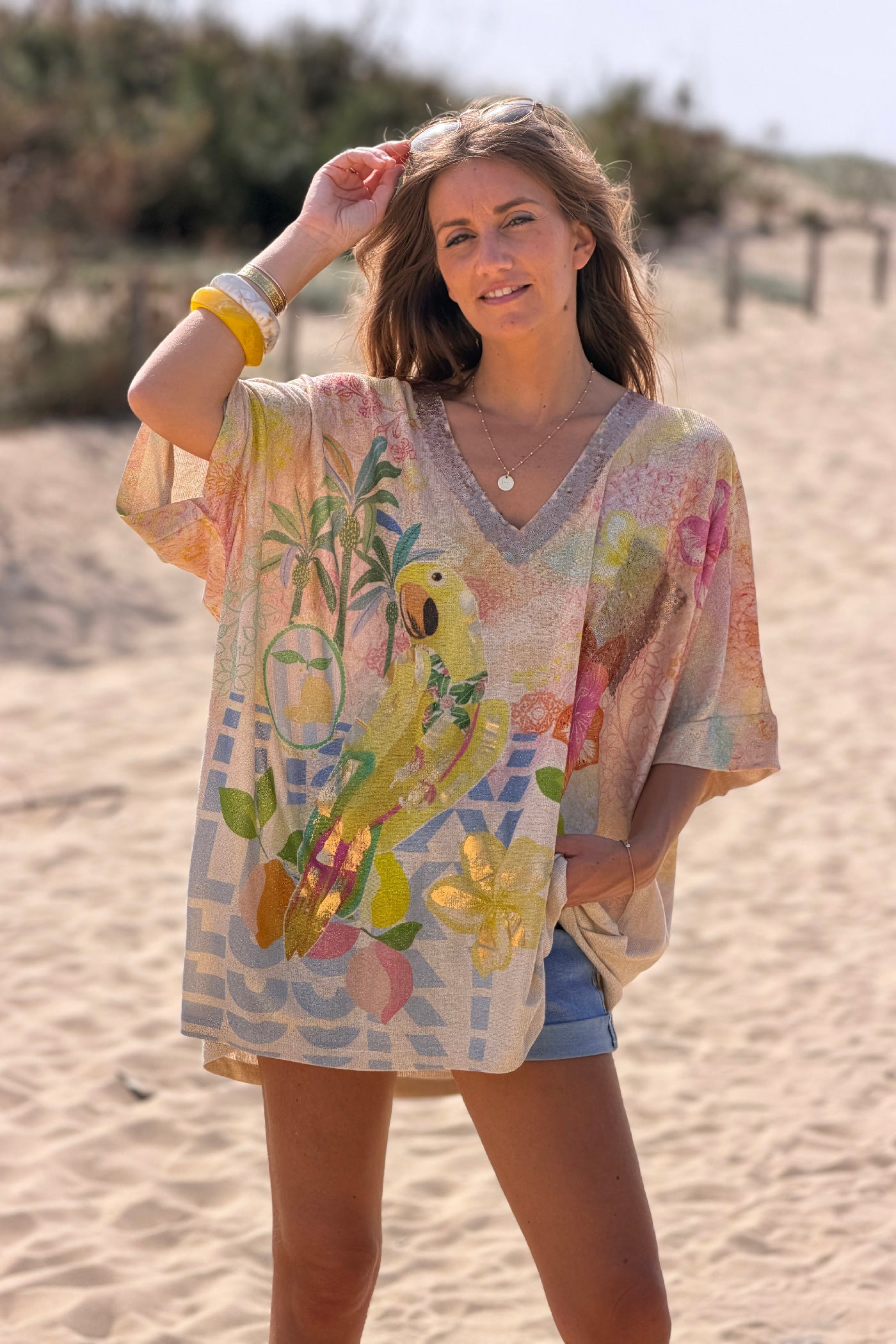 Beige Bird in Paradise Glitter Knit Tunic