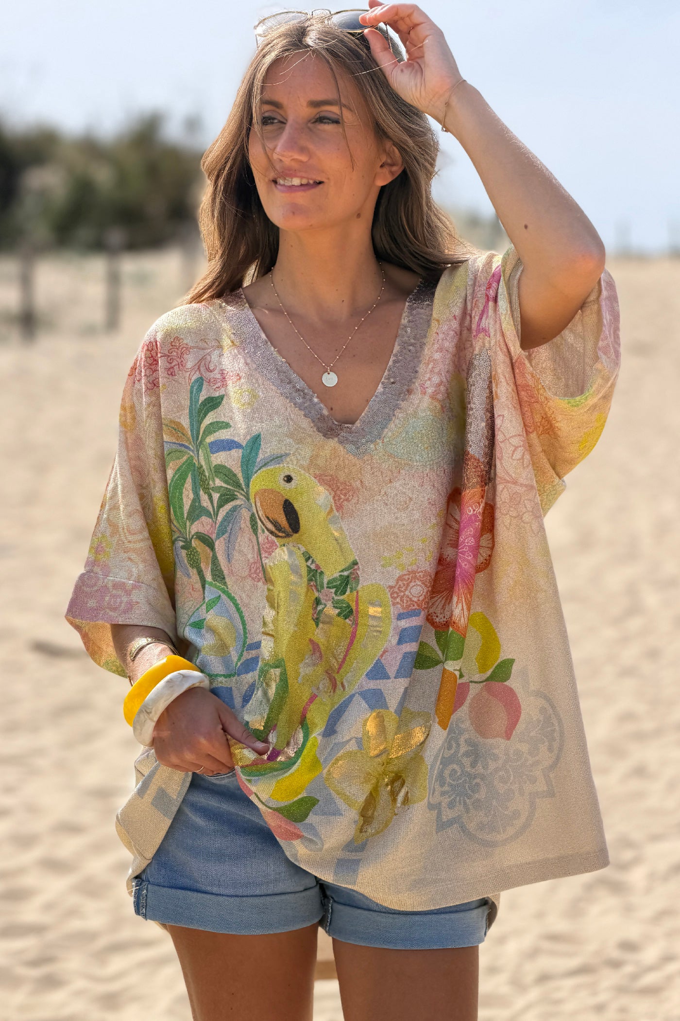Beige Bird in Paradise Glitter Knit Tunic