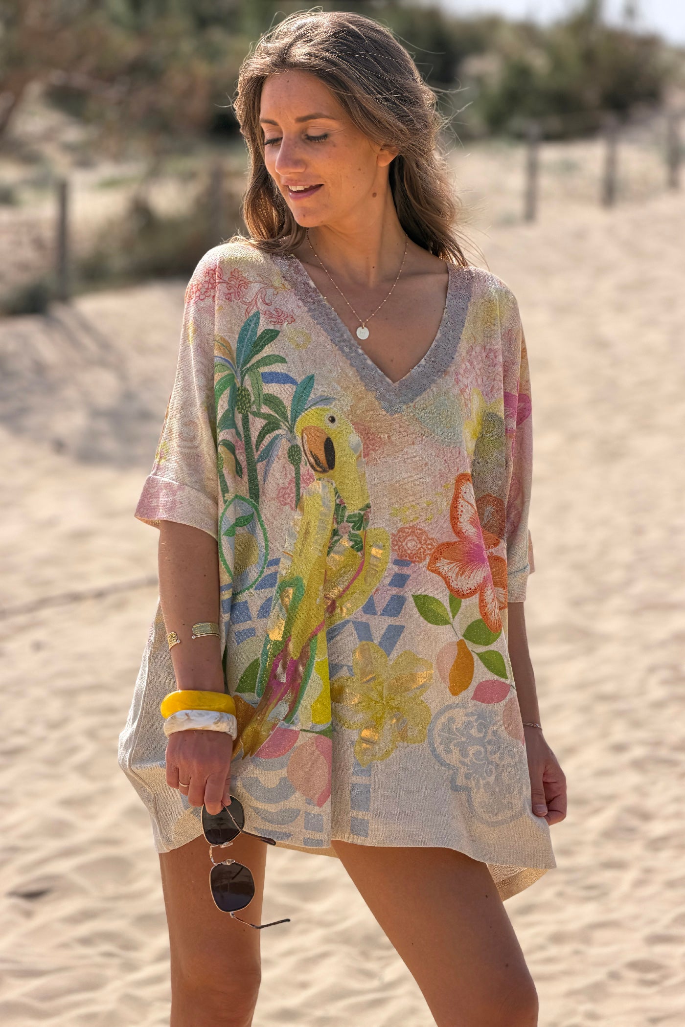 Beige Bird in Paradise Glitter Knit Tunic