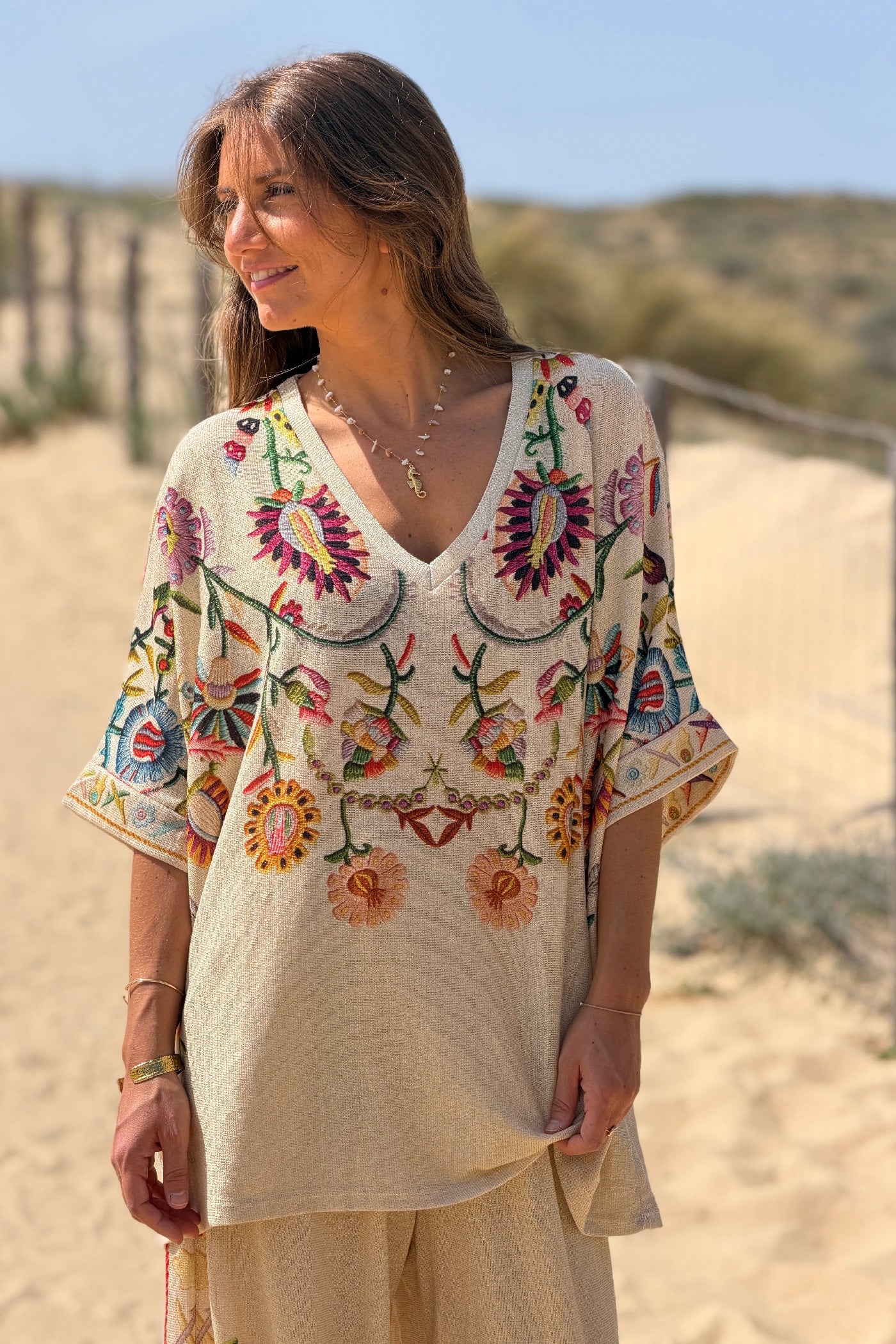 Beige Embroidered-look Folk Garden V-Neck Tunic