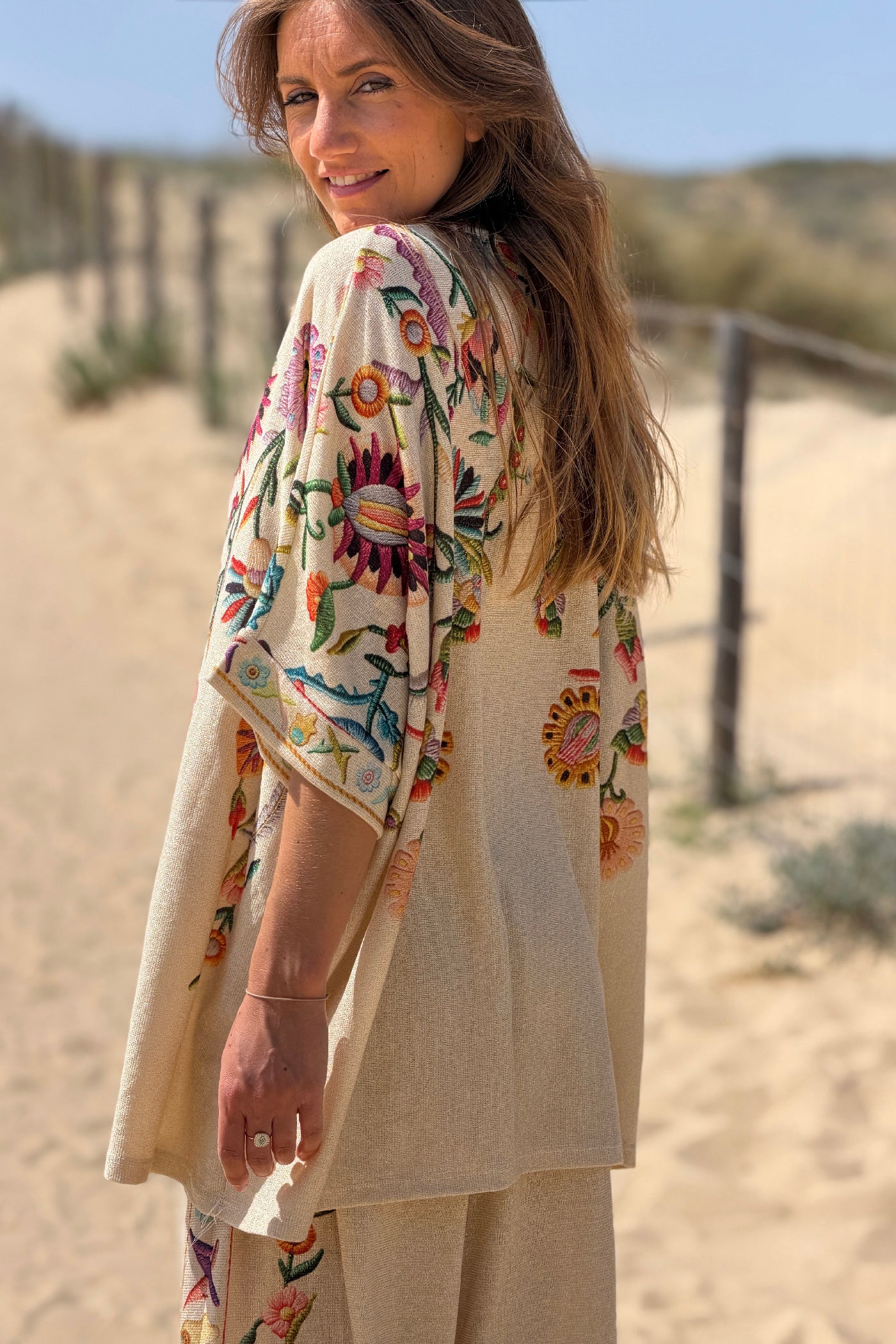 Beige Embroidered-look Folk Garden V-Neck Tunic