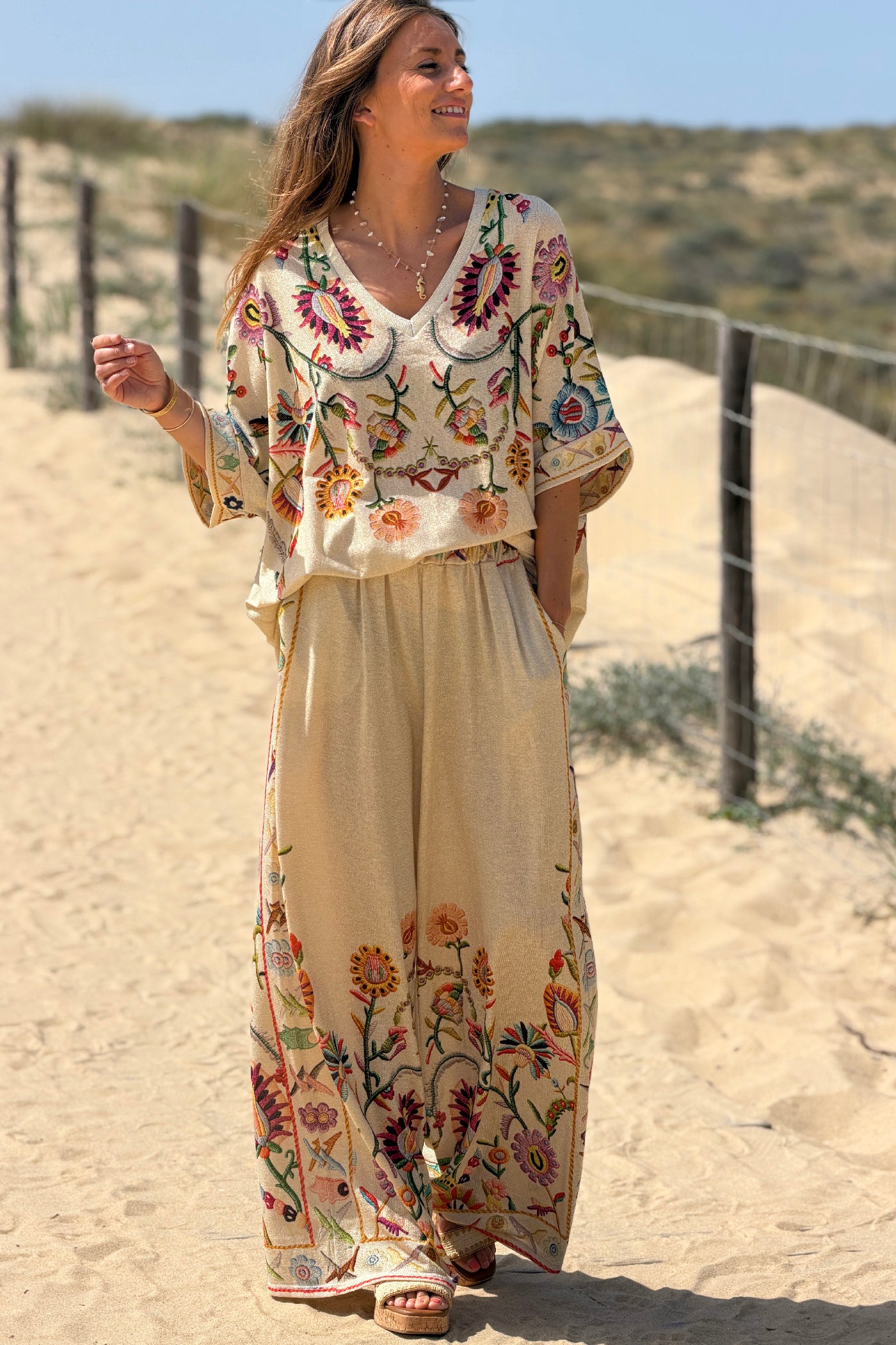 Beige Embroidered-look Folk Garden V-Neck Tunic