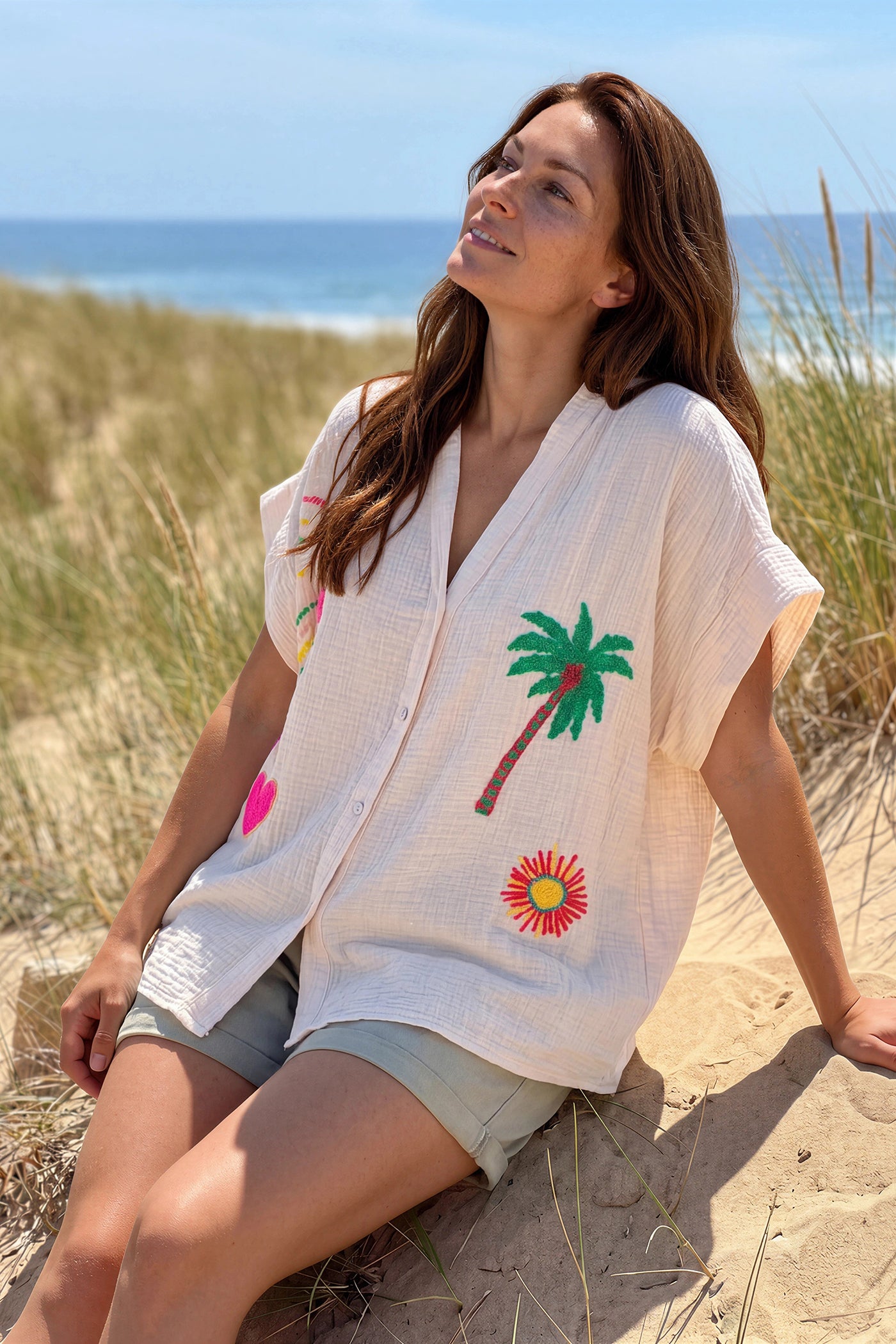 Beige Embroidered Gauze Button-Down Blouse