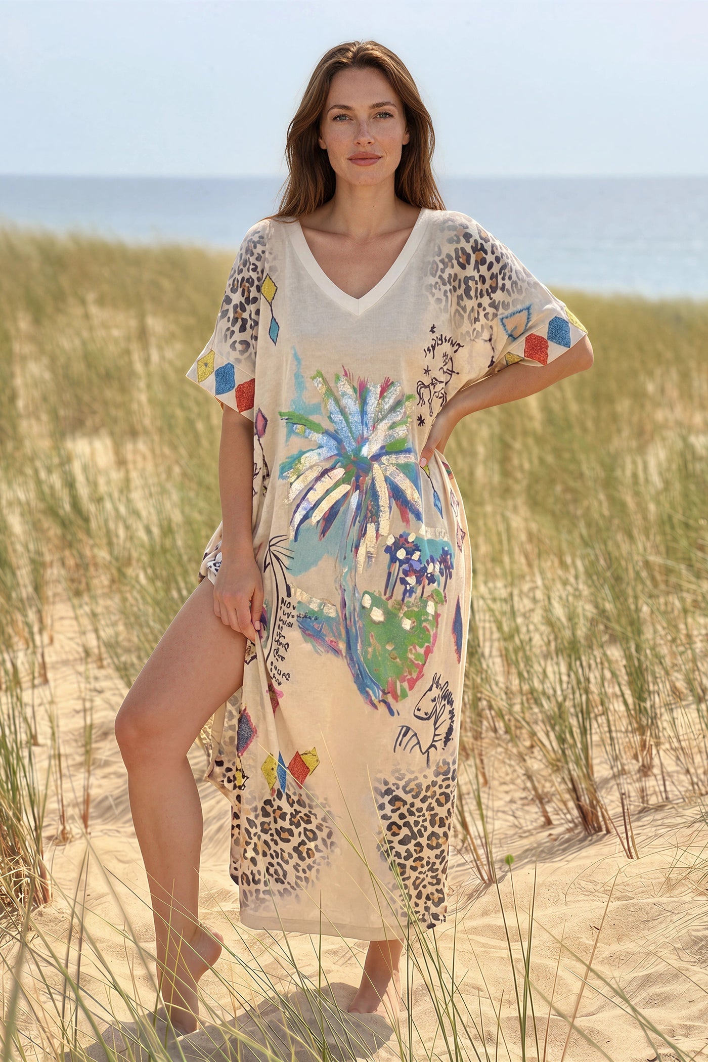 Beige Glitter Knit Tropical Watercolor Maxi Dress