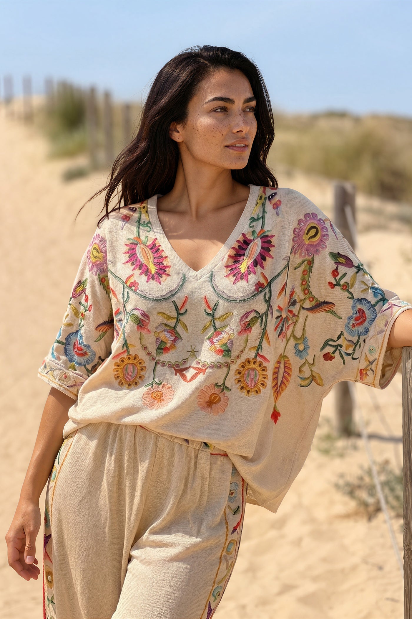 Beige Embroidered-look Folk Garden V-Neck Tunic