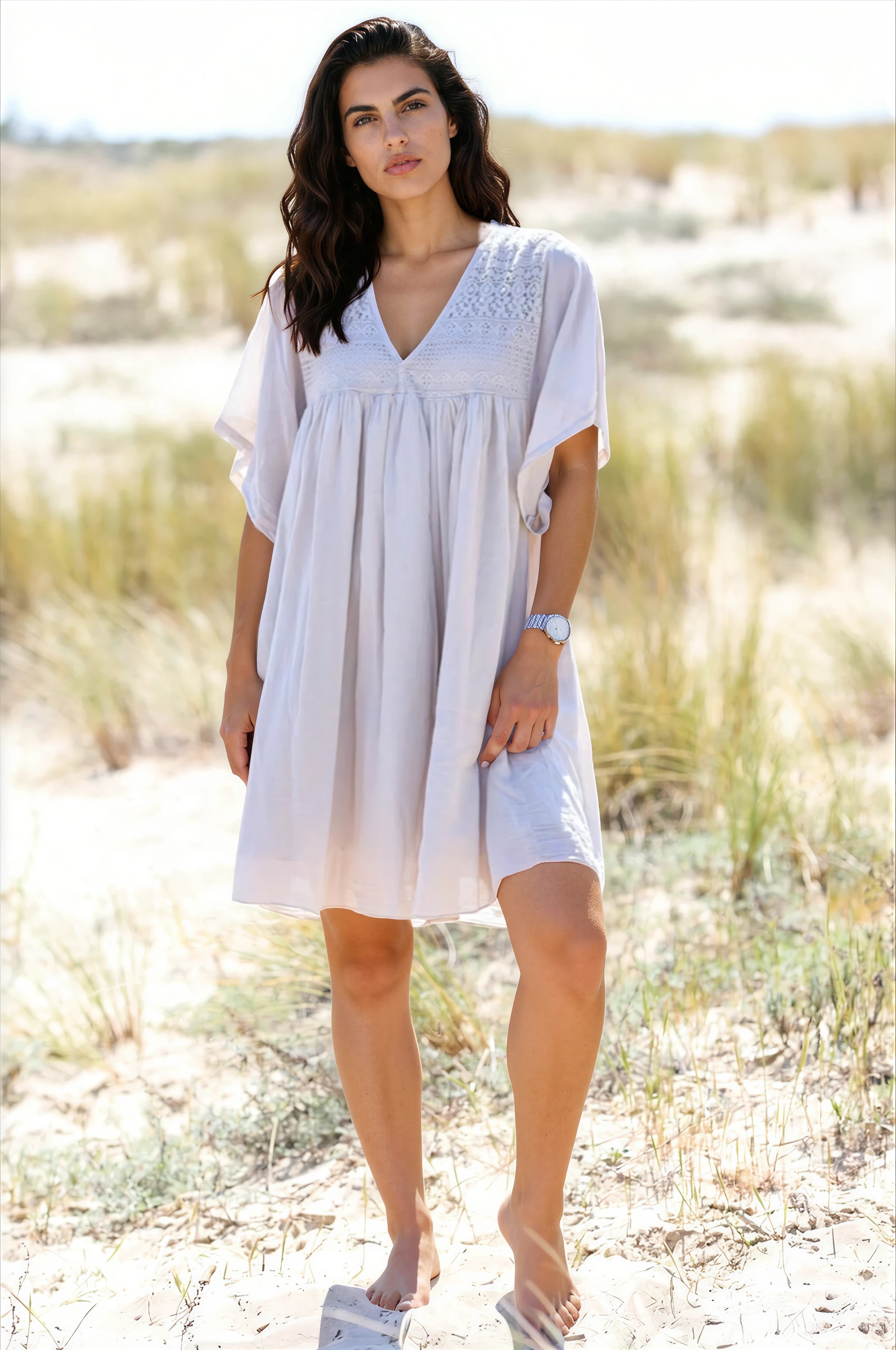 Beige floaty cotton dress with lace detail