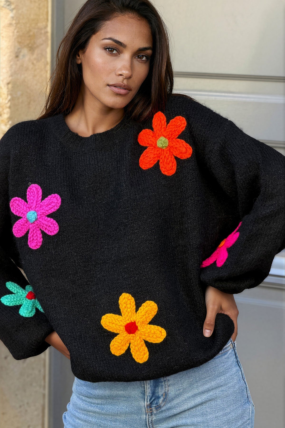 Black Flower Power Knit Applique Sweater