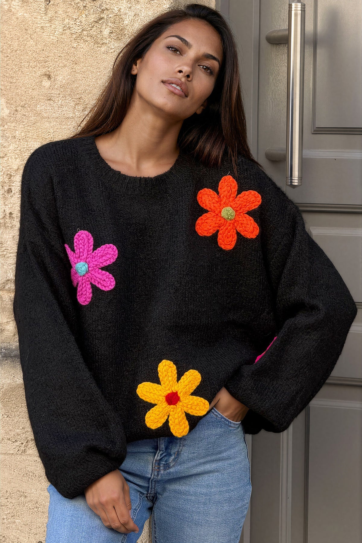 Black Flower Power Knit Applique Sweater