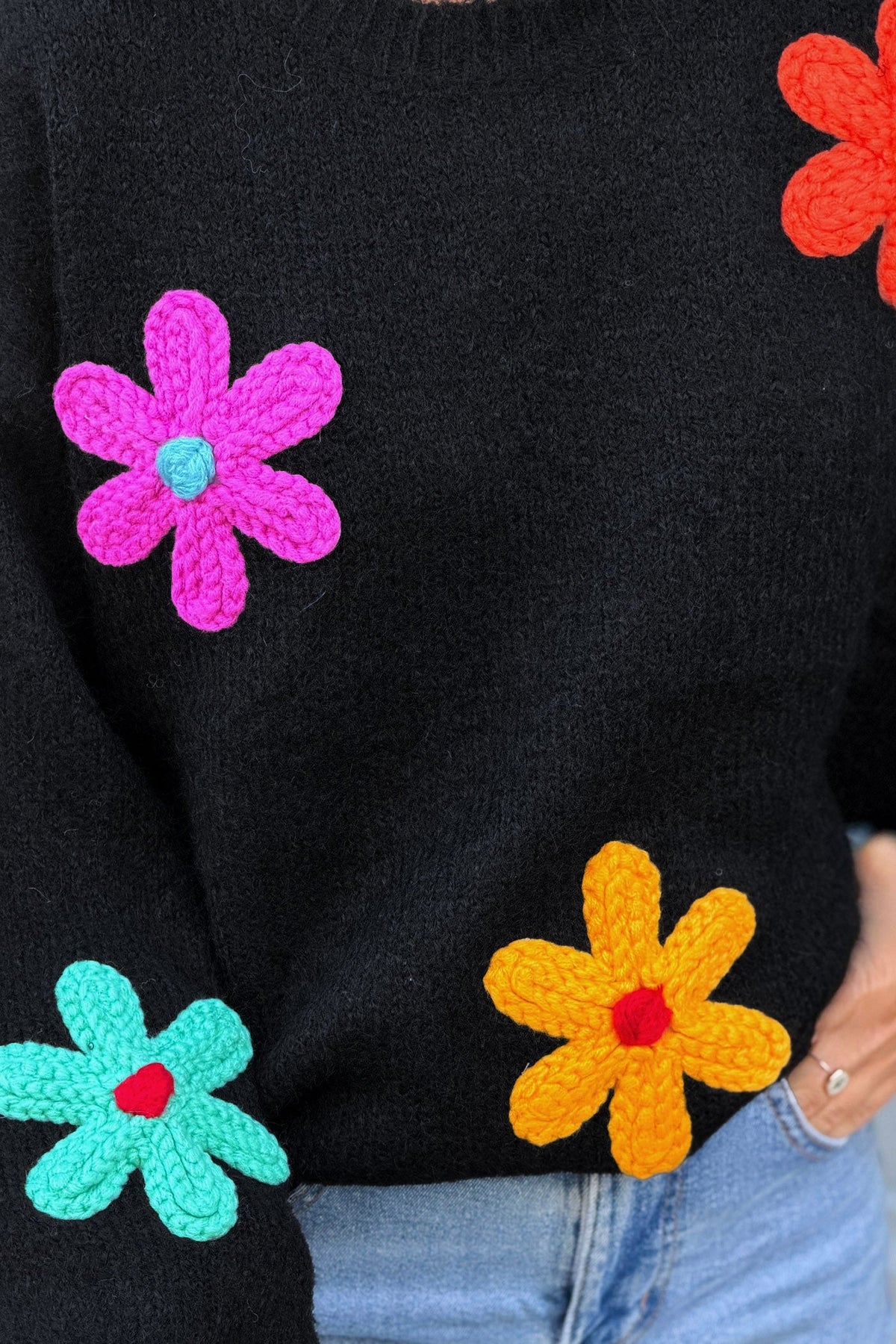 Black Flower Power Knit Applique Sweater