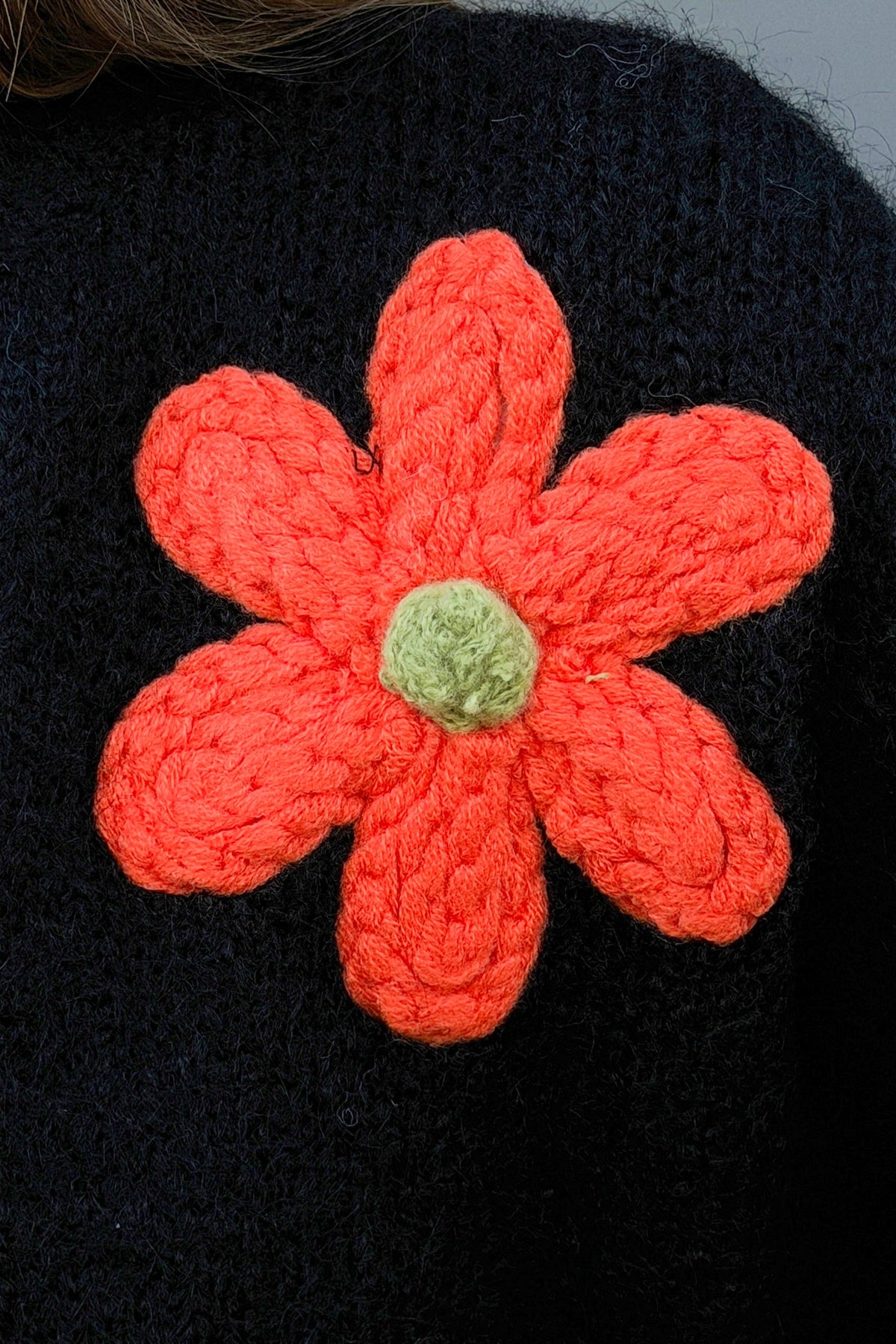 Black Flower Power Knit Applique Sweater