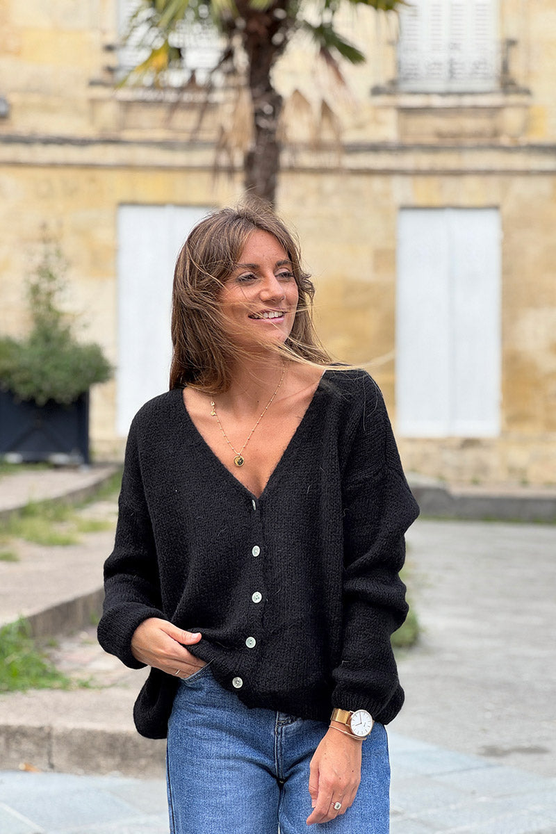 Black Mother of Pearl Button through V-Neck Cardigan