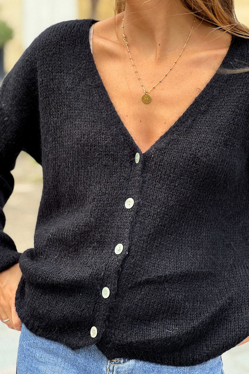 Black Mother of Pearl Button through V-Neck Cardigan