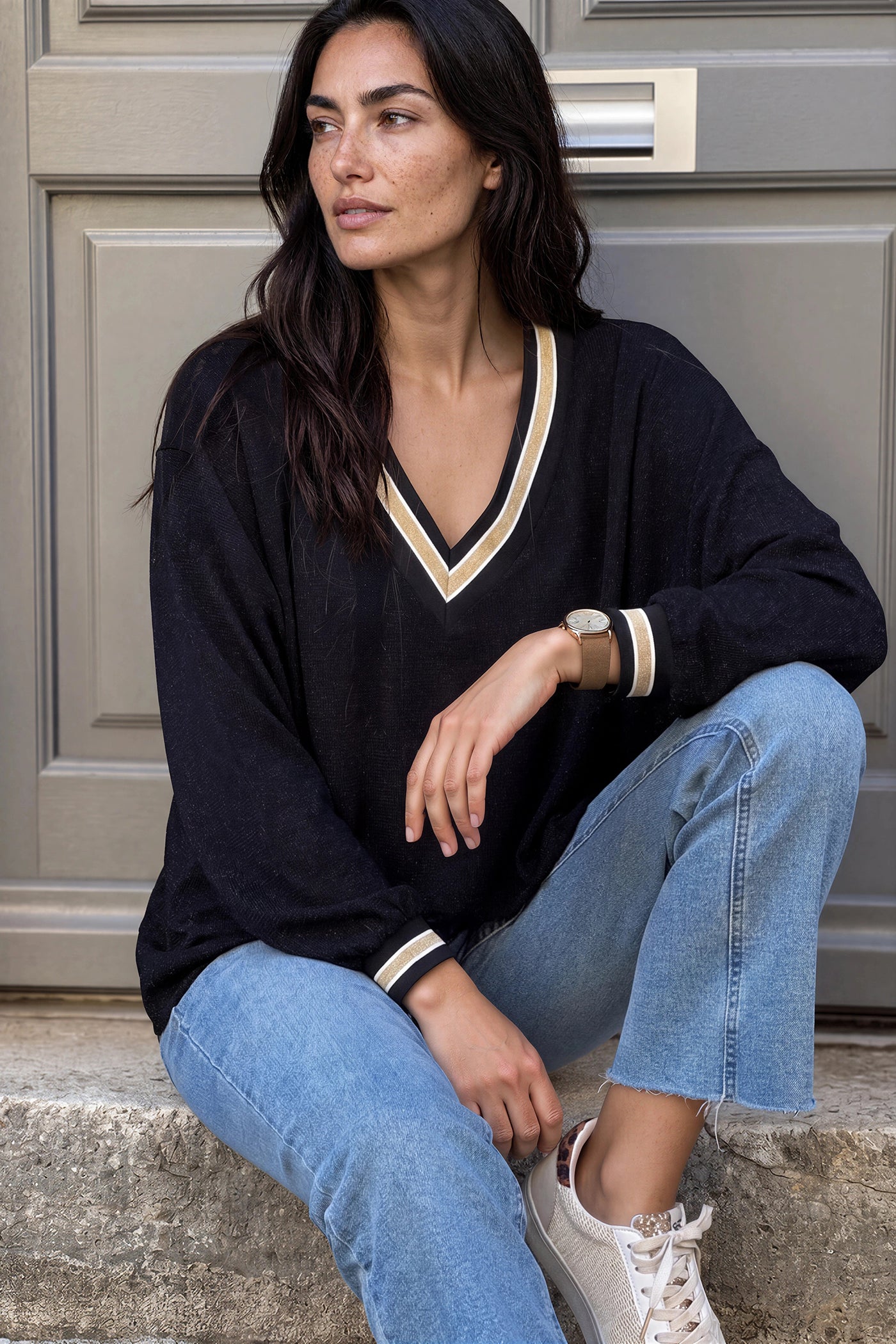 Black and Gold Lurex V-Neck Sweater