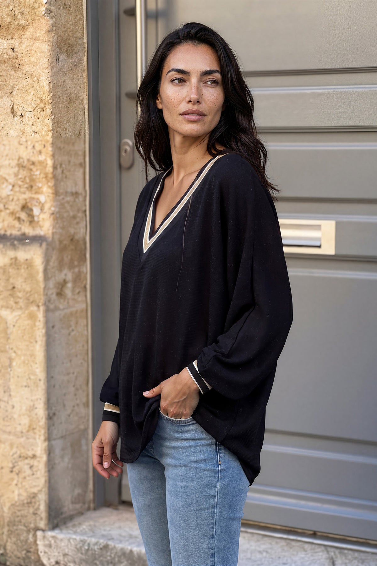 Black and Gold Lurex V-Neck Sweater