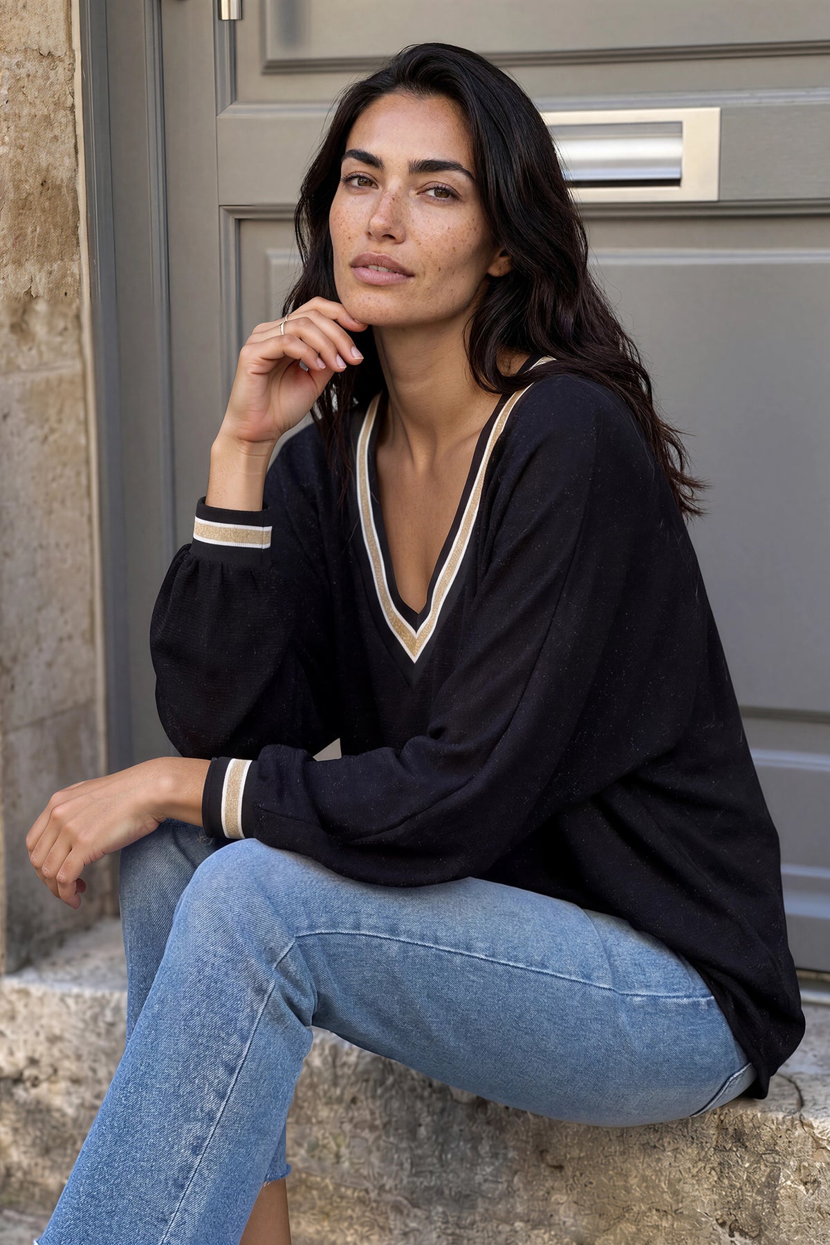 Black and Gold Lurex V-Neck Sweater