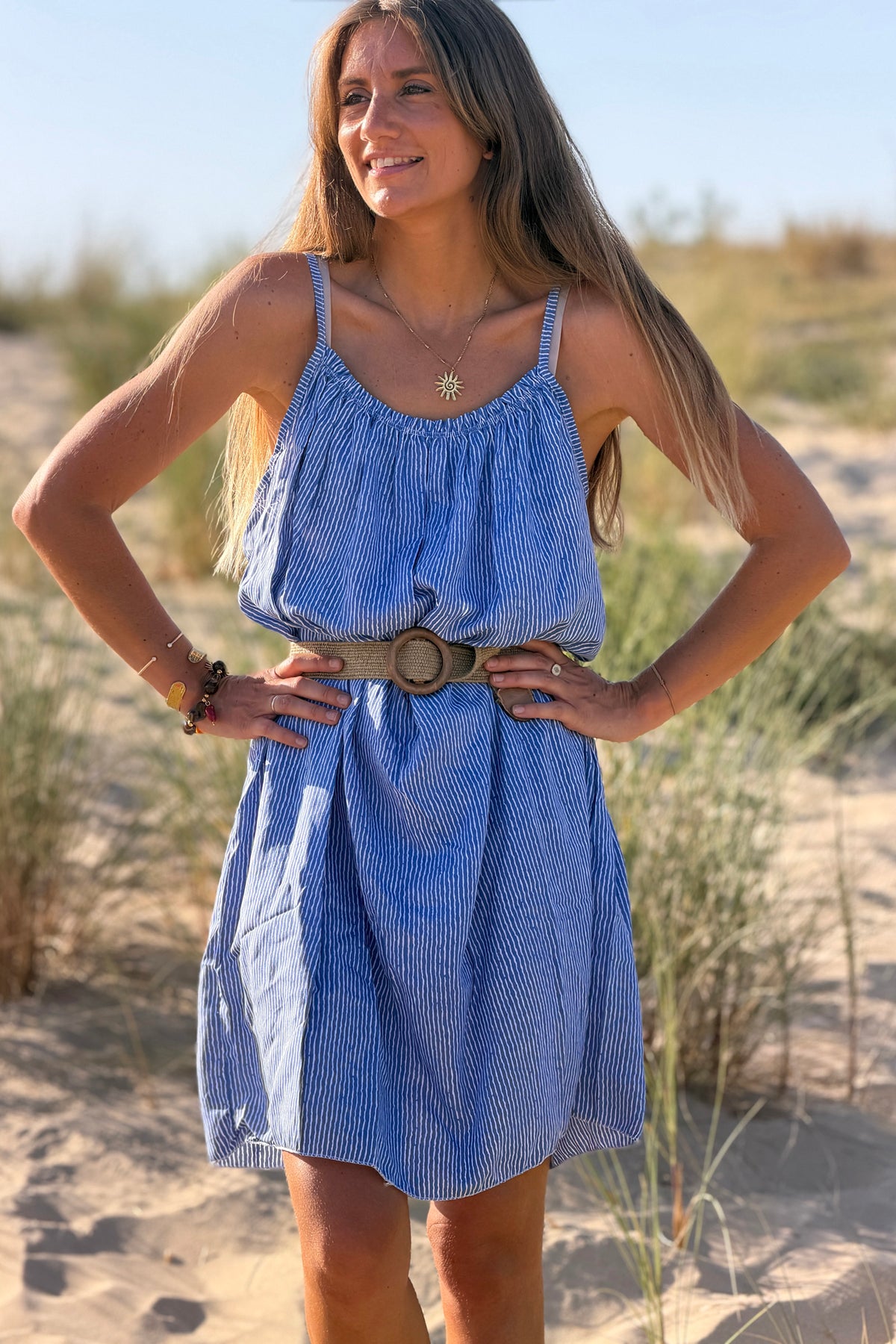 Blue Crinkle Stripe Strappy Sun Dress