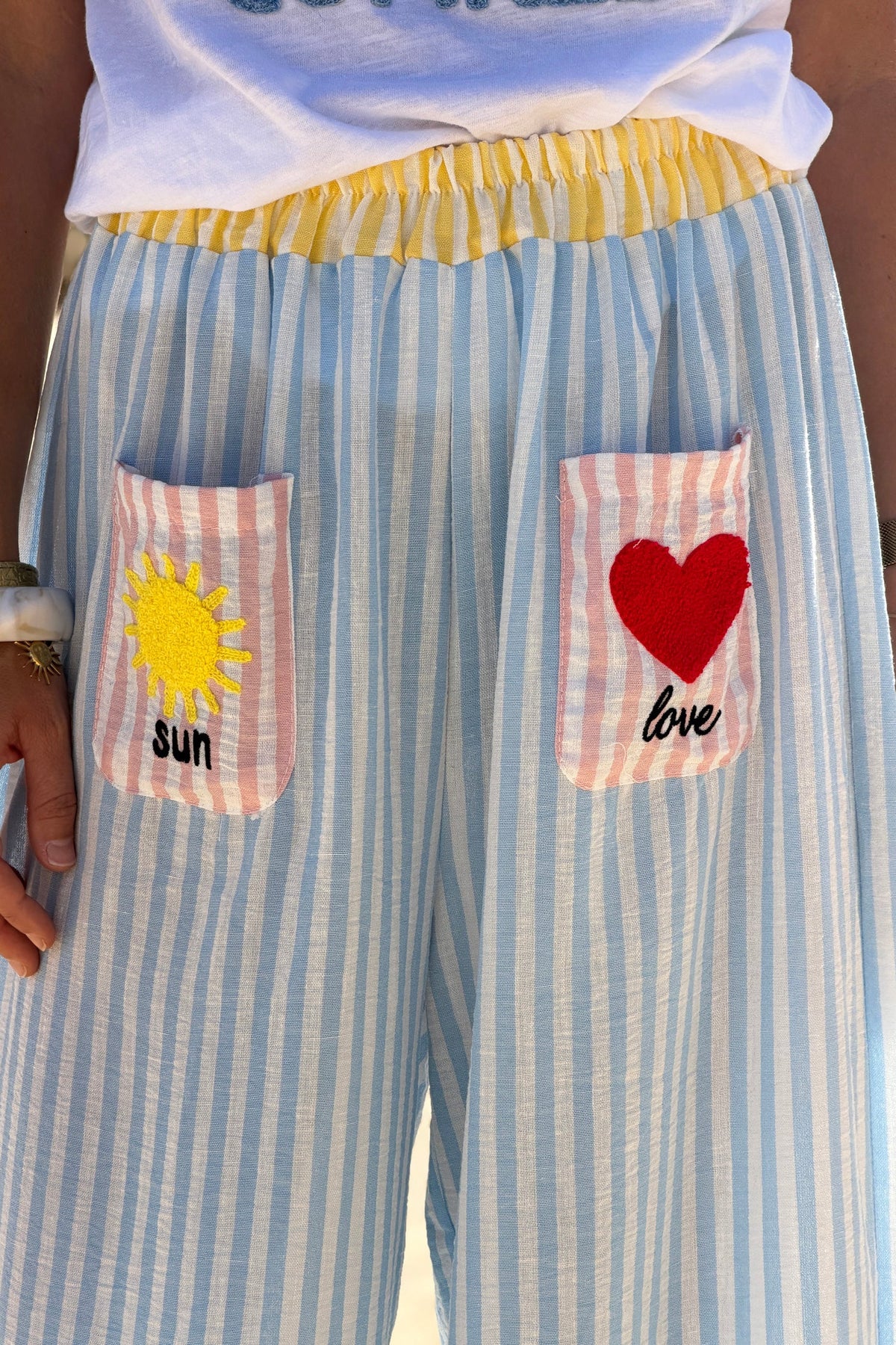 Blue Pastel Pinstripe Embroidered Pocket Pants