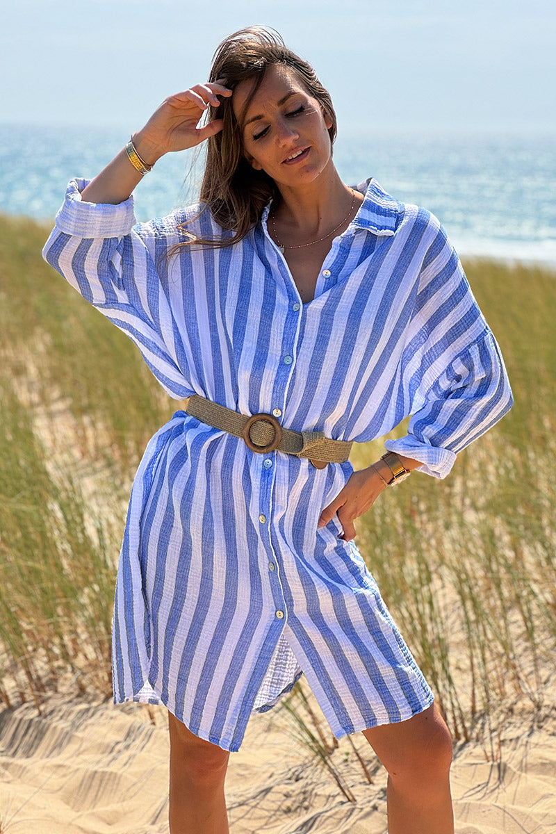 Blue Stripe Gauze Shirt Dress