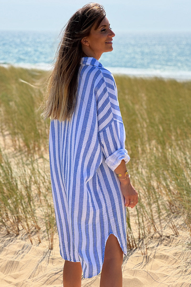 Blue Stripe Gauze Shirt Dress