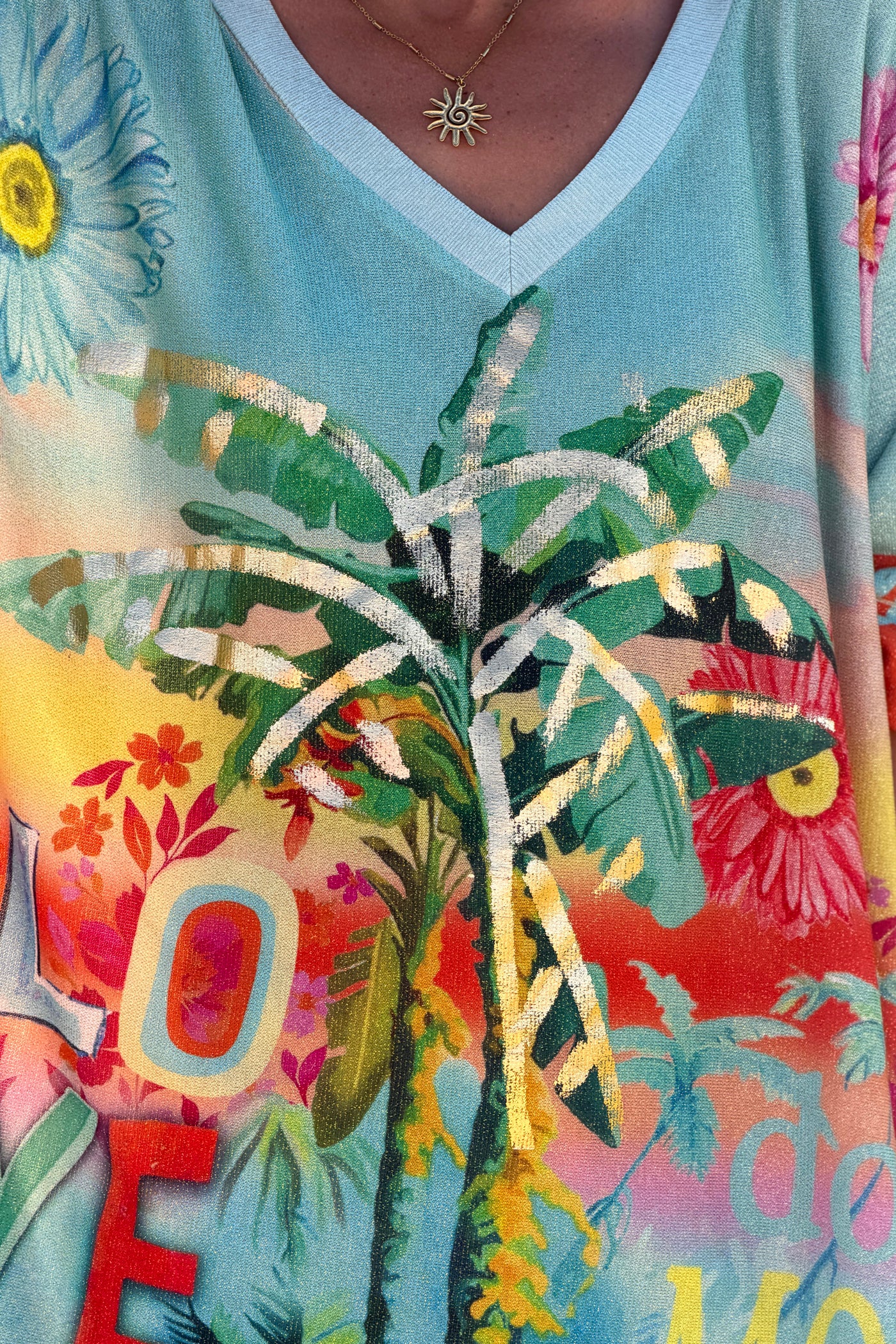 Blue “Do it More” Tropical Glitter Knit Tunic